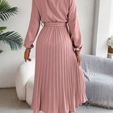 Kara | Damen Midi Kleid Langarm Plisseerock mit Bindegürtel