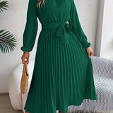 Kara | Damen Midi Kleid Langarm Plisseerock mit Bindegürtel