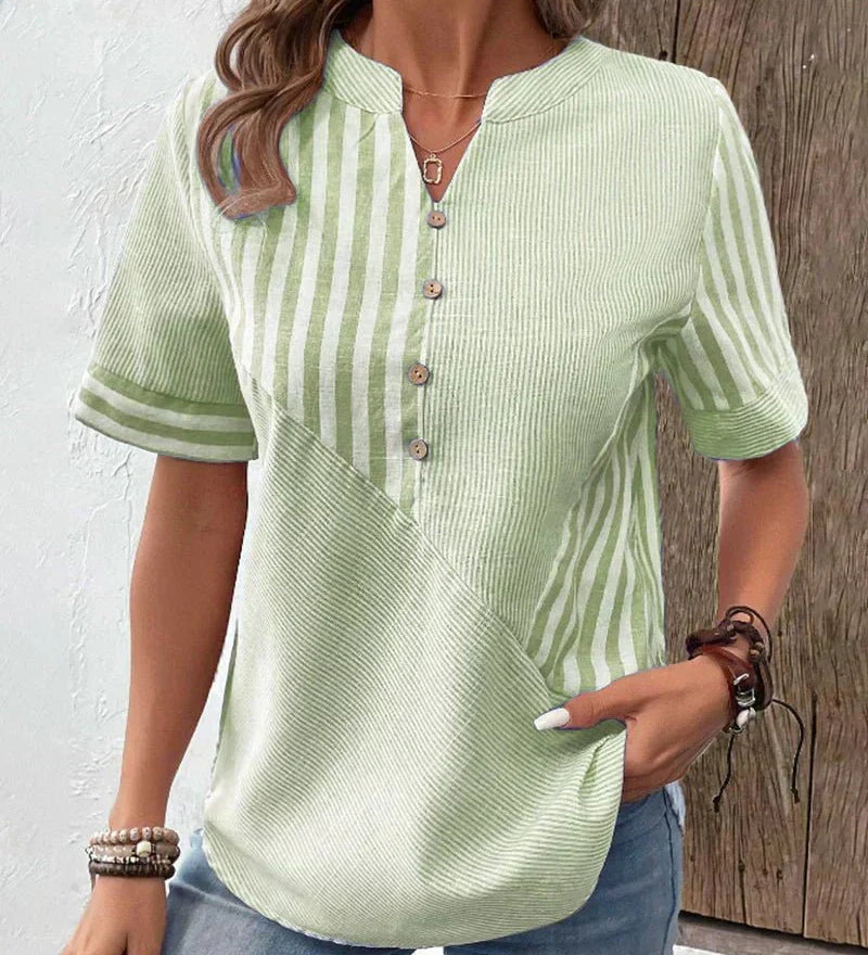 Lola | Damen T-Shirt Kurzarm Gestreift mit Knopfleiste
