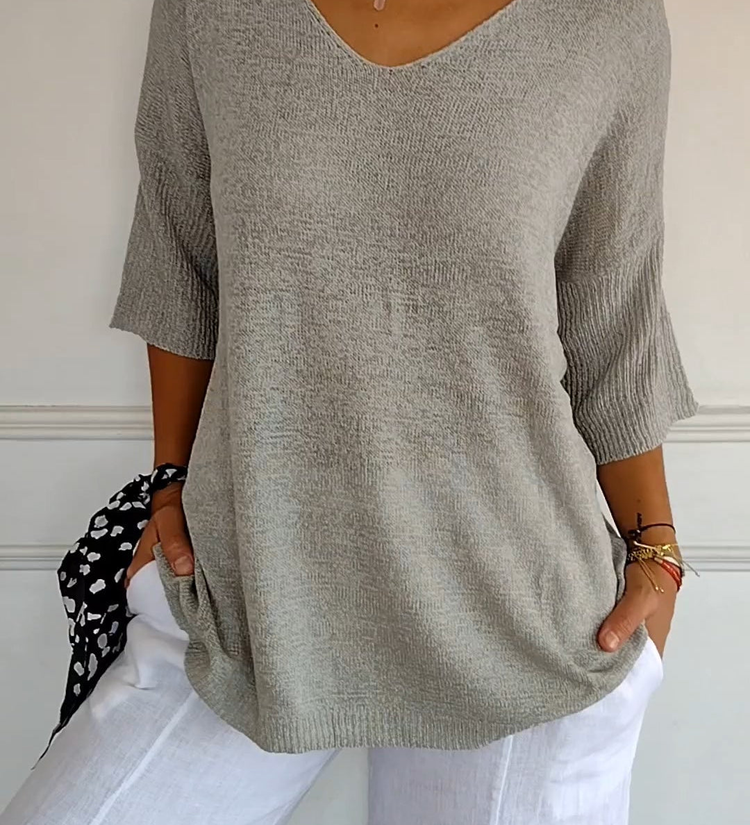Tina | Damen pullover 3/4 Arm V-Ausschnitt Übergroß Koralle