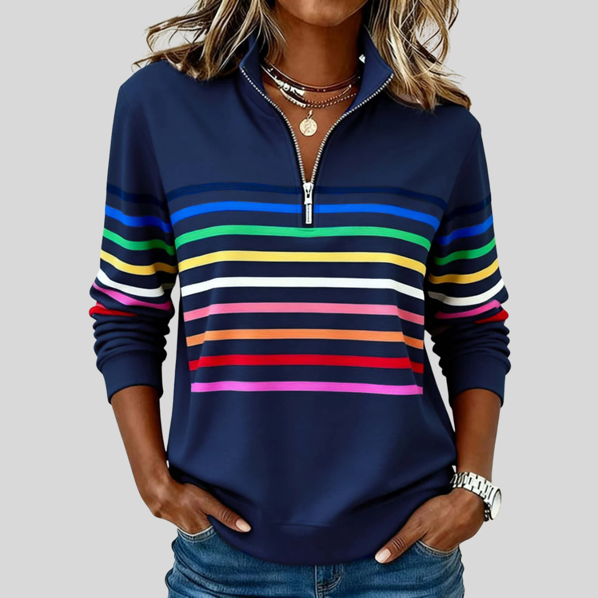 Prismette™ | Buntgestreiftes Sweatshirt mit Quarter-Zip