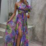 Whitney - Lila One-Shoulder-Maxikleid mit Blüten