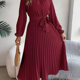 Kara | Damen Midi Kleid Langarm Plisseerock mit Bindegürtel
