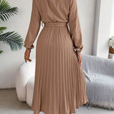 Kara | Damen Midi Kleid Langarm Plisseerock mit Bindegürtel