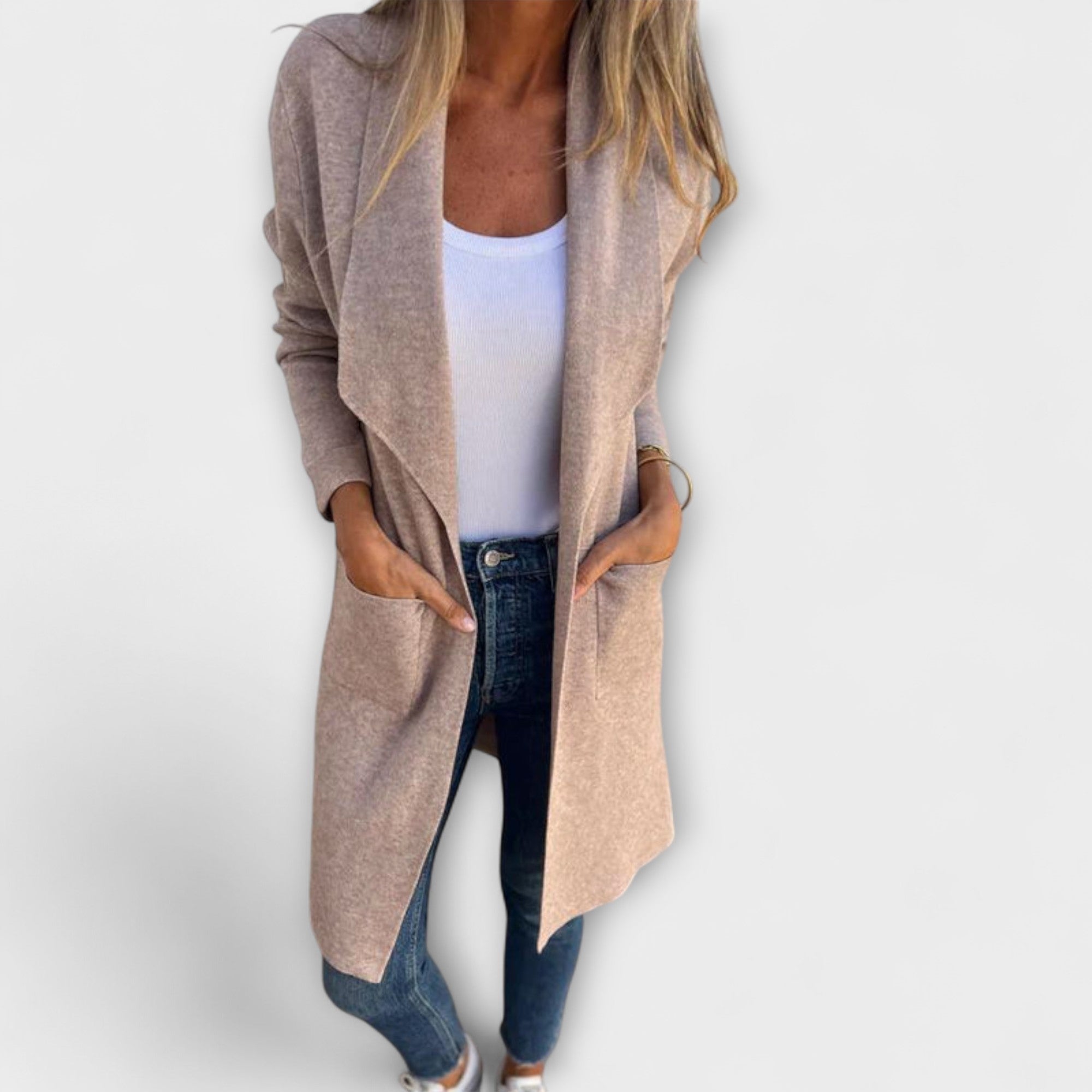 Eliane - Grauer eleganter Longline-Cardigan