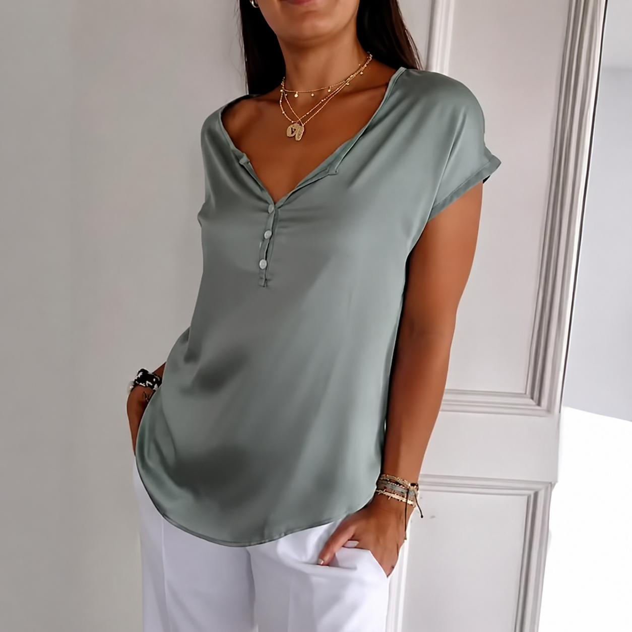 Kerra | Damen Kurzarm Bluse V-Ausschnitt Locker Sommer