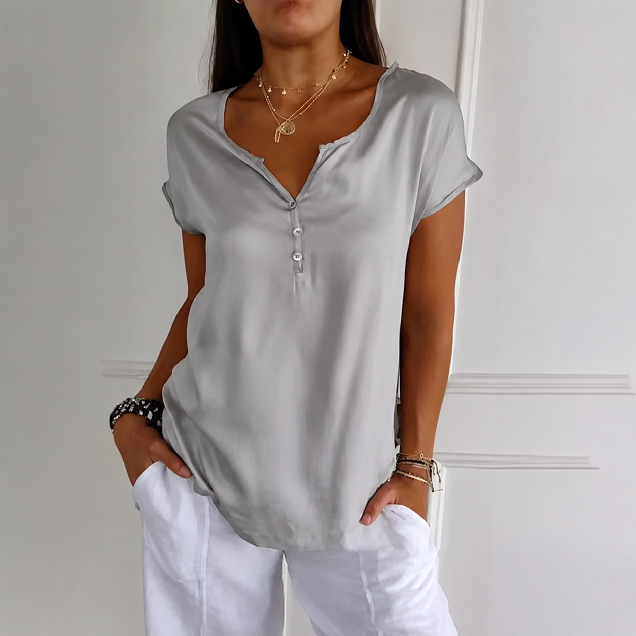 Kerra | Damen Kurzarm Bluse V-Ausschnitt Locker Sommer