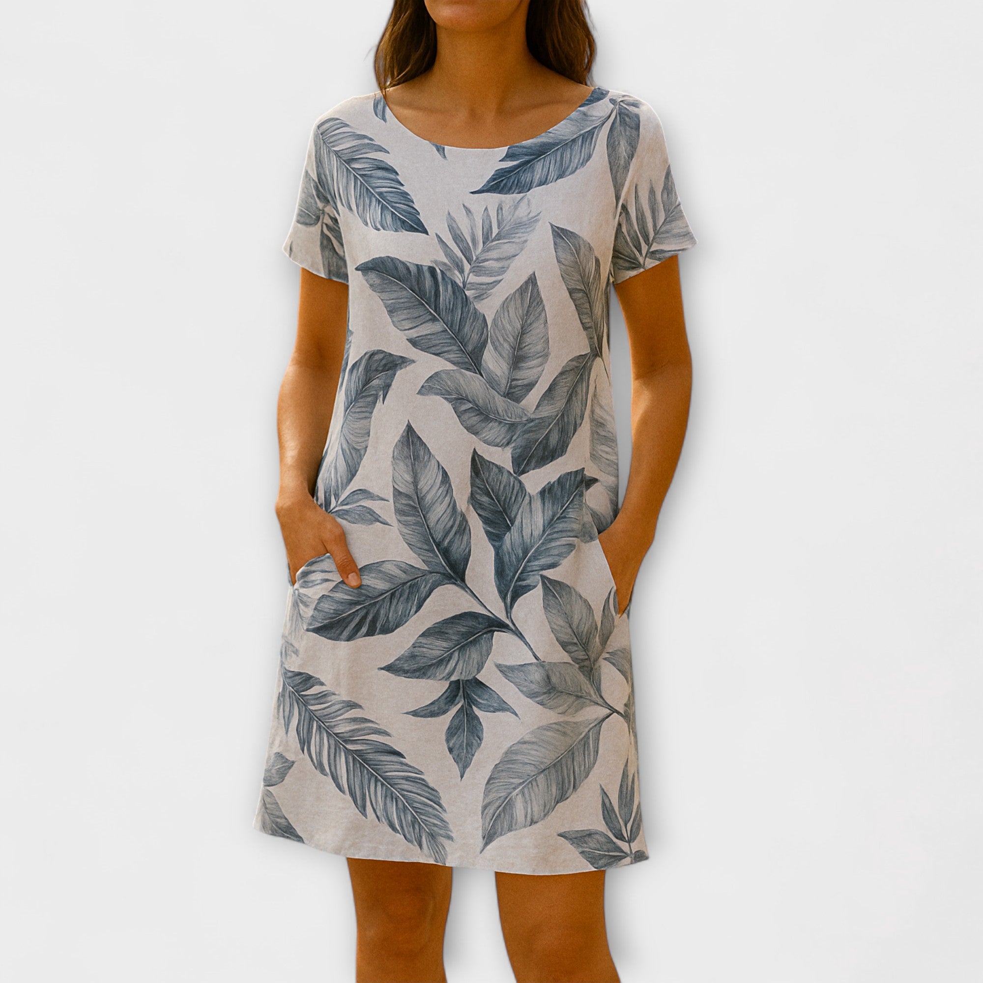 Willow - Graublaues Sommerkleid mit Blättermuster
