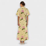 Liselotte - Hellgelbes Langes Kleid mit Hortensienmuster