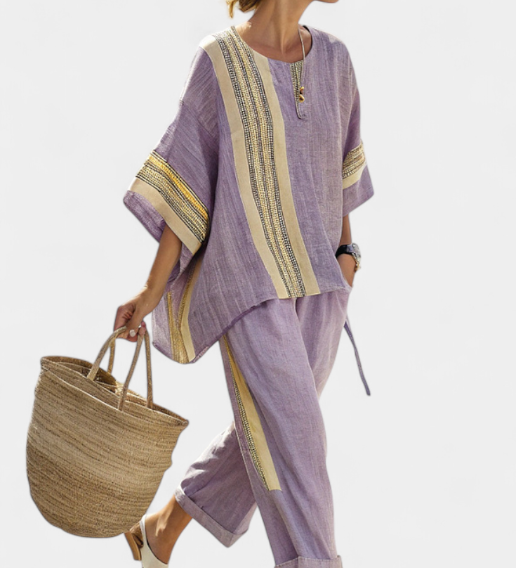 Lorena - Lila Boho-Set aus Leinen und Bambus