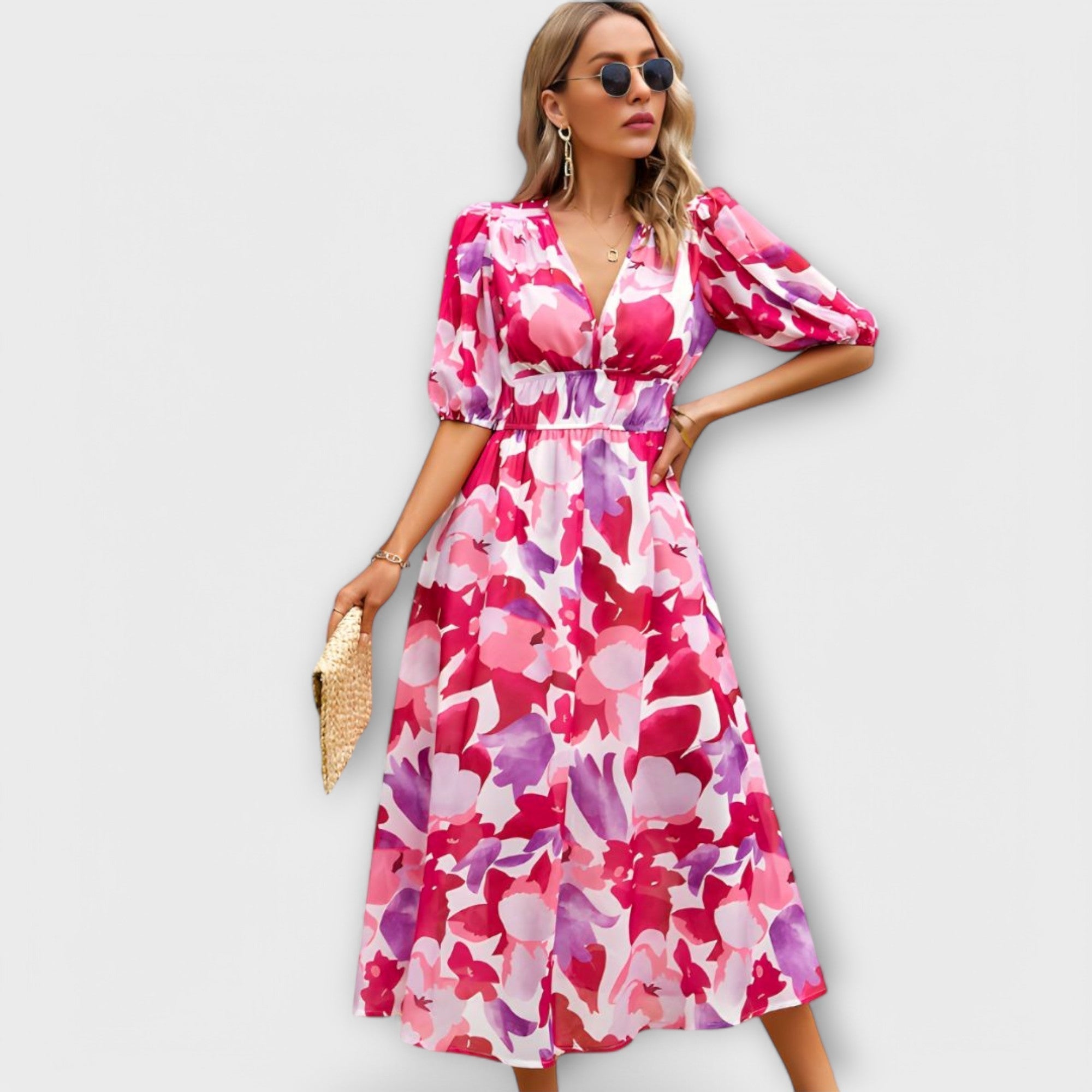 Abstraktes Maxikleid mit Puffärmeln