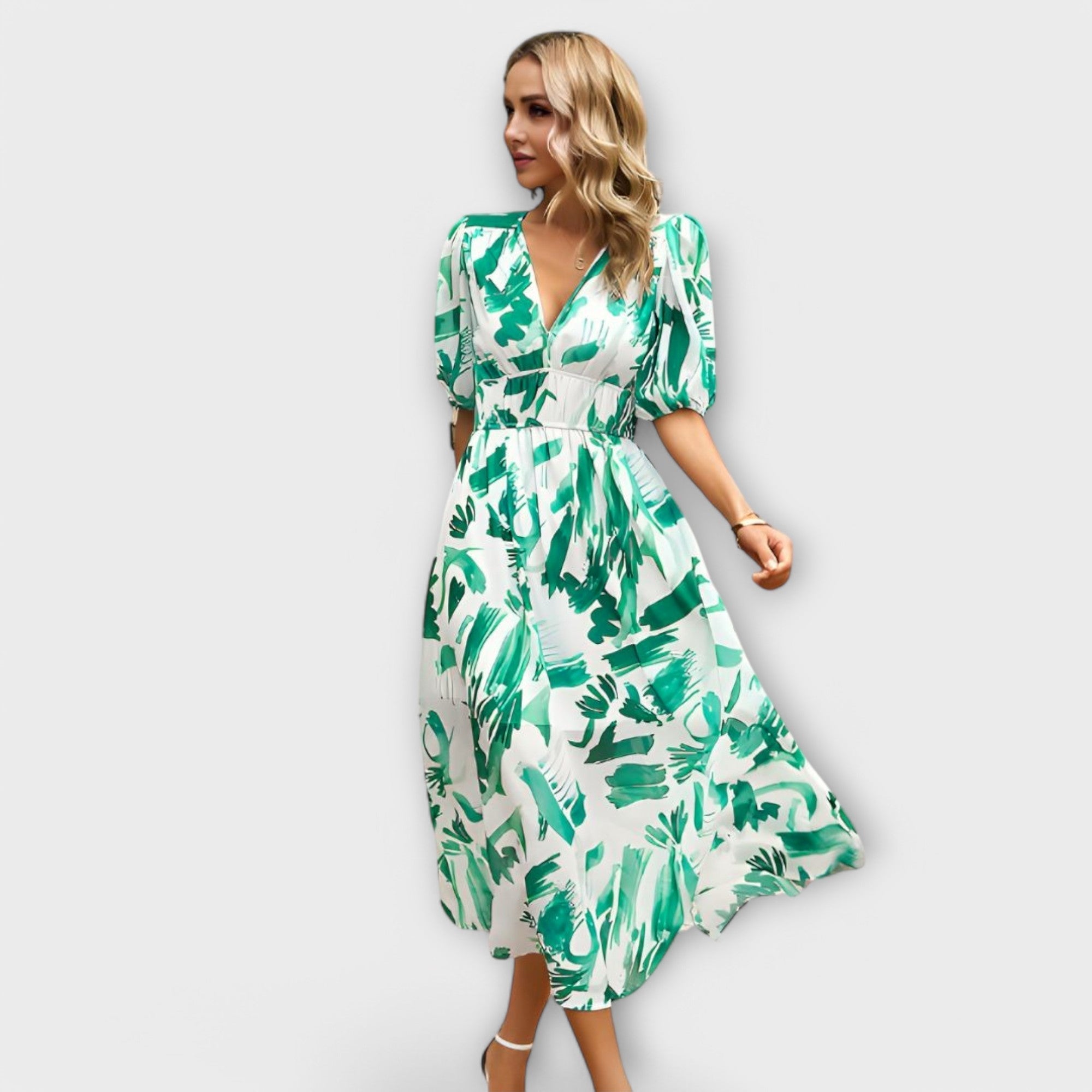 Abstraktes Maxikleid mit Puffärmeln