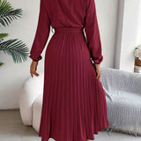 Kara | Damen Midi Kleid Langarm Plisseerock mit Bindegürtel