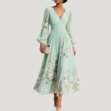 Amelie | Damen Blumenkleid Langarm Midi Kleid