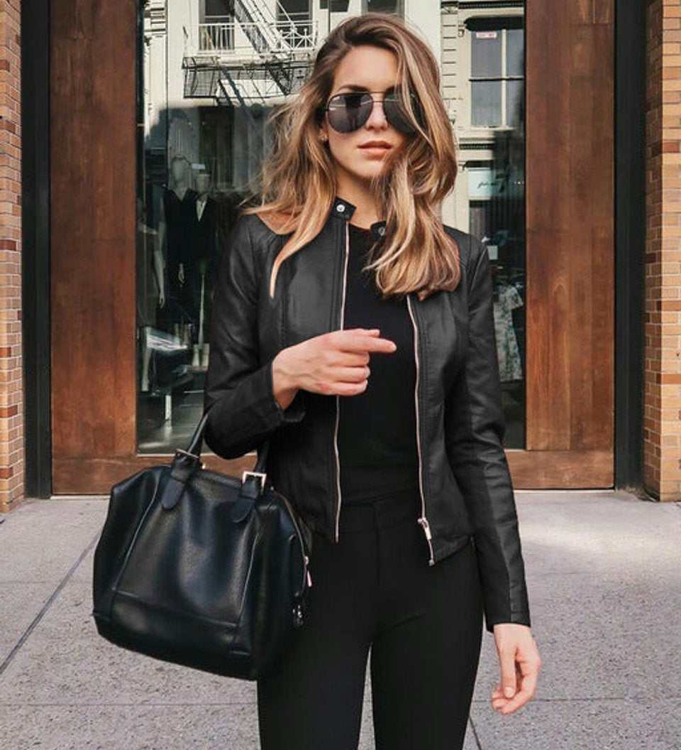 Sophie | Damen Slim-Fit Kunstleder Bikerjacke mit Reißverschluss