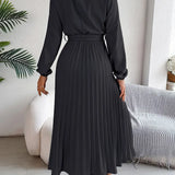 Kara | Damen Midi Kleid Langarm Plisseerock mit Bindegürtel