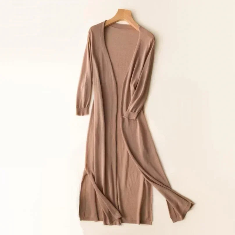 Elsbeth | Damen Langer Cardigan Offen Maxi Strickjacke