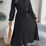 Kara | Damen Midi Kleid Langarm Plisseerock mit Bindegürtel