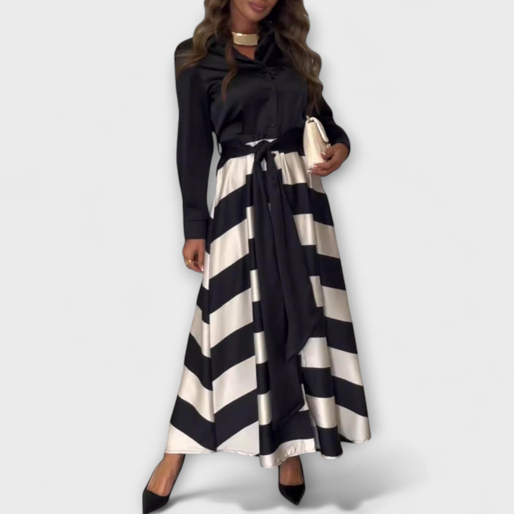 Hedda - Bordeaux-gestreiftes Hemdblusenkleid mit Gürtel