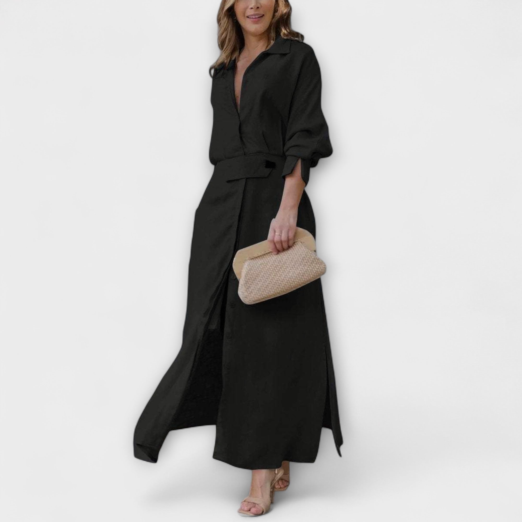Jeanette - Cremefarbenes Maxikleid mit V-Ausschnitt