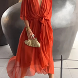 Katrien | Damen Wickelkleid Midi Flatterärmel