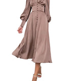 Marlina | Damen V-Ausschnitt Langarm Midikleid