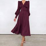 Marlina | Damen V-Ausschnitt Langarm Midikleid