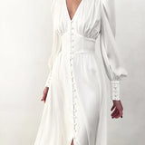 Marlina | Damen V-Ausschnitt Langarm Midikleid