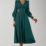 Marlina | Damen V-Ausschnitt Langarm Midikleid