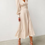 Marlina | Damen V-Ausschnitt Langarm Midikleid