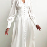 Marlina | Damen V-Ausschnitt Langarm Midikleid