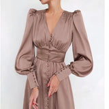 Marlina | Damen V-Ausschnitt Langarm Midikleid