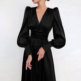 Marlina | Damen V-Ausschnitt Langarm Midikleid