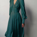 Marlina | Damen V-Ausschnitt Langarm Midikleid