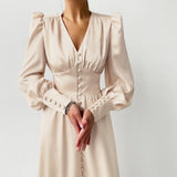 Marlina | Damen V-Ausschnitt Langarm Midikleid