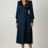 Marlina | Damen V-Ausschnitt Langarm Midikleid