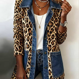 Fablenne™ | Longline-Jacke mit Leopardenmuster und Denim-Kontrasteinsatz